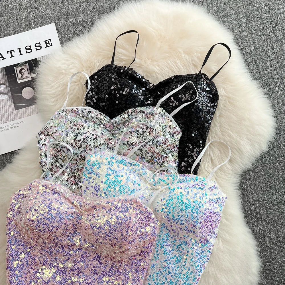 Sexy Sequin Party spaghetti Croset Bustier backless Slim Tanks and Camis Strap Glitter Crop Top Fashion Summer Women Clothes Y2k