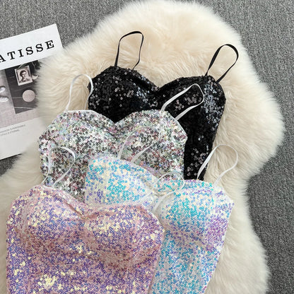 Sexy Sequin Party spaghetti Croset Bustier backless Slim Tanks and Camis Strap Glitter Crop Top Fashion Summer Women Clothes Y2k