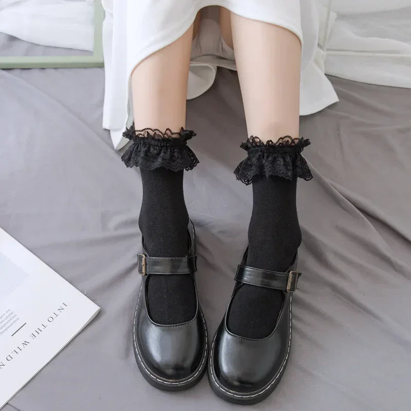 Women's Japanese Lolita JK Ankle Socks Kawaii Cotton with Lace Trim - Cute White/Black Crew Socks for Girls Cosplay Casual Wear