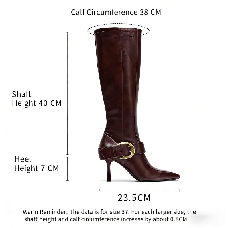 Winter Fashion Sexy Soft Leather Knee High Boots Women Metal Belt Buckle Ladies Zip Pointed Toe Designer Heels Long Shoes