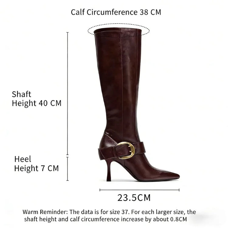 Winter Fashion Sexy Soft Leather Knee High Boots Women Metal Belt Buckle Ladies Zip Pointed Toe Designer Heels Long Shoes