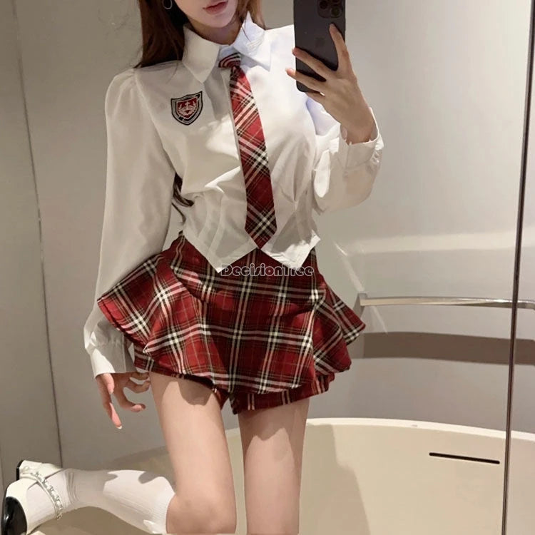 2025 improved cute sexy korea jk suit women autumn jk school uniform women shirt plaid pleated half skirt fashion two-piece set