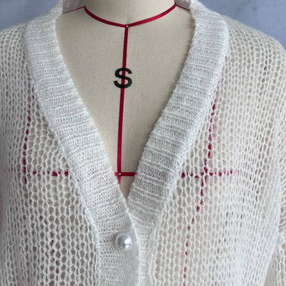 Women Knitting Cardigan 2026 New Women Mohair Knit Cardigan Hollow Out Sheer Long Sleeve Casual Knitted Outerwear Sweater