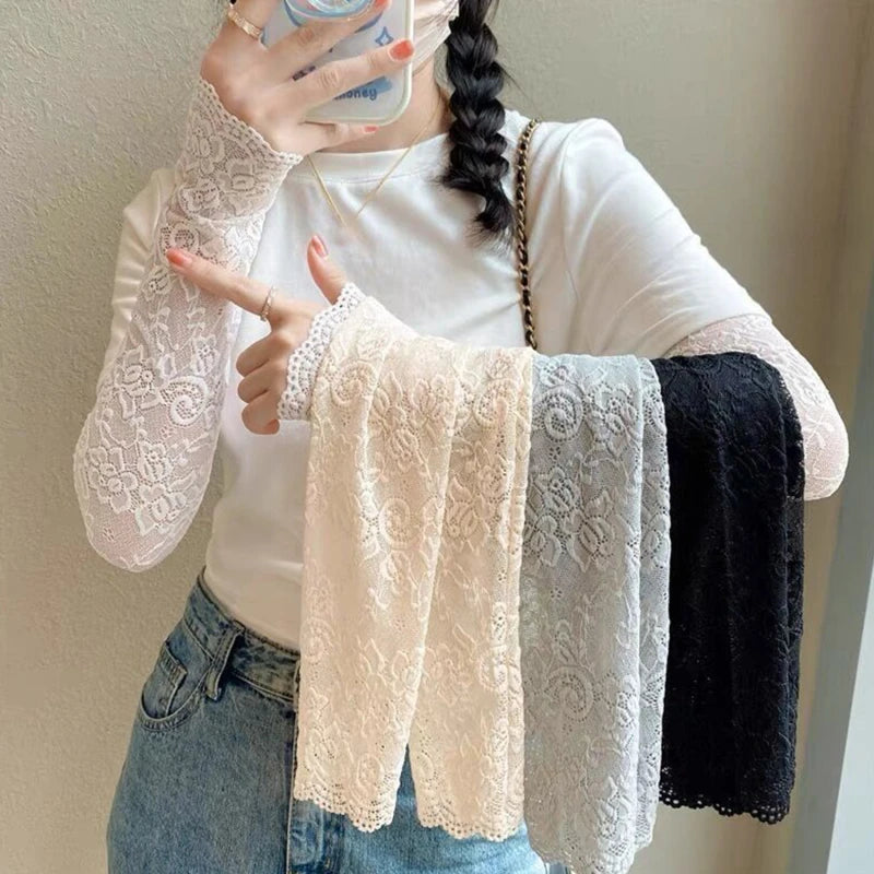 Women Summer Ice Silk Lace Arm Sleeve Elastic Sleeve Driving Gloves Black White Long Fingerless Mittens Sunscreen Gloves