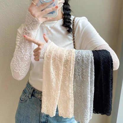 Women Summer Ice Silk Lace Arm Sleeve Elastic Sleeve Driving Gloves Black White Long Fingerless Mittens Sunscreen Gloves