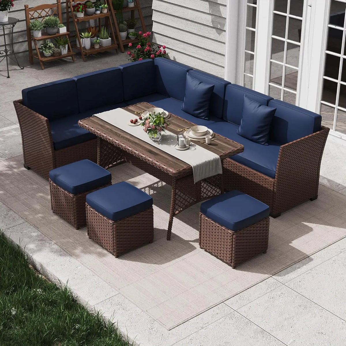 7 Piece Patio Furniture Set, Outdoor PE Wicker Rattan Outdoor Dining Set, Patio Table and Chairs Set, Patio, Customized
