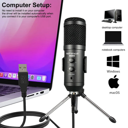 USB Microphone,with Volume and Echo Control,Computer Condenser Gaming Mic for PC/Laptop,for Singing,Podcast,Studio Recording