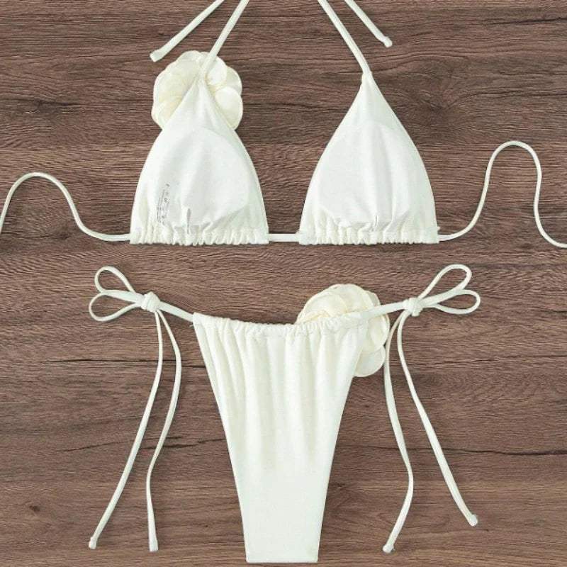 2026 S-L Sexy 3D Flowers Halter Strappy Bikini Women Swimwear Female Swimsuit Two-pieces Bikini Set Bather Bathing Suit Swim