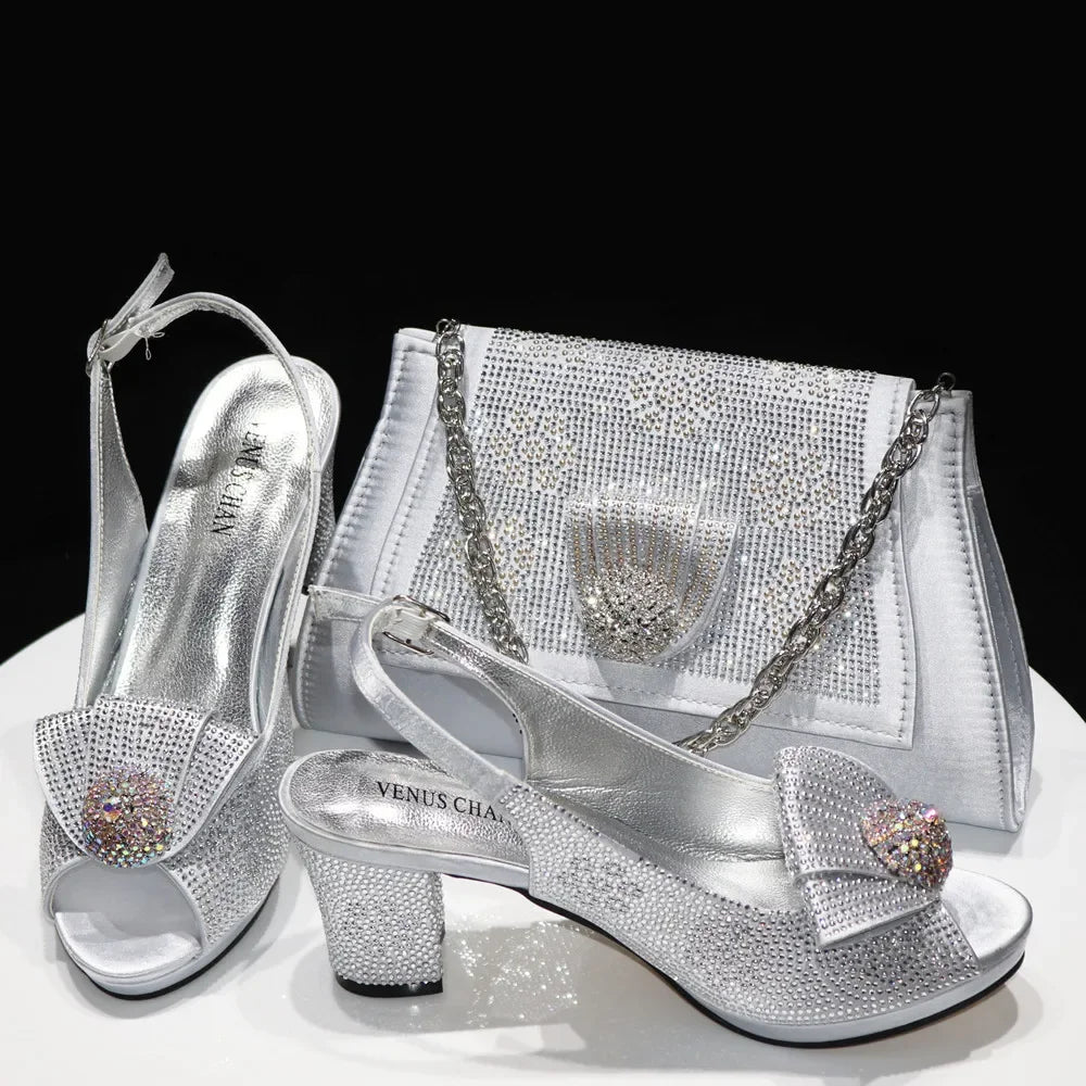 2026 Elegant Italian Pointed Toe Women Rhinestone Hot Pink Shoes & Bag Set For Wedding Party Bridal Evening Formal Events