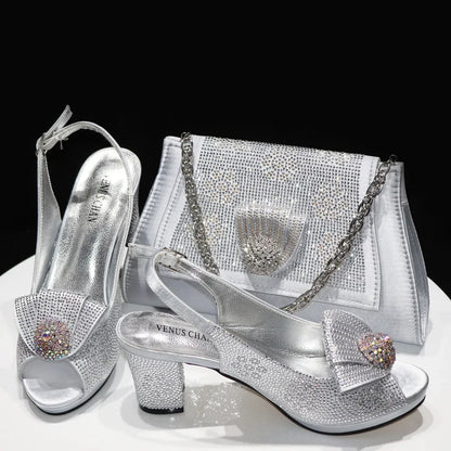 2026 Elegant Italian Pointed Toe Women Rhinestone Hot Pink Shoes & Bag Set For Wedding Party Bridal Evening Formal Events