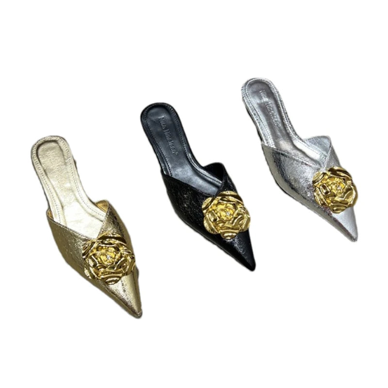 Flower Women Flats Slippers Pointed Toe Elegant Mules Shoes Fad Slingback Sandals 2025 Summer New Luxury Flip Flops Mujer Slides