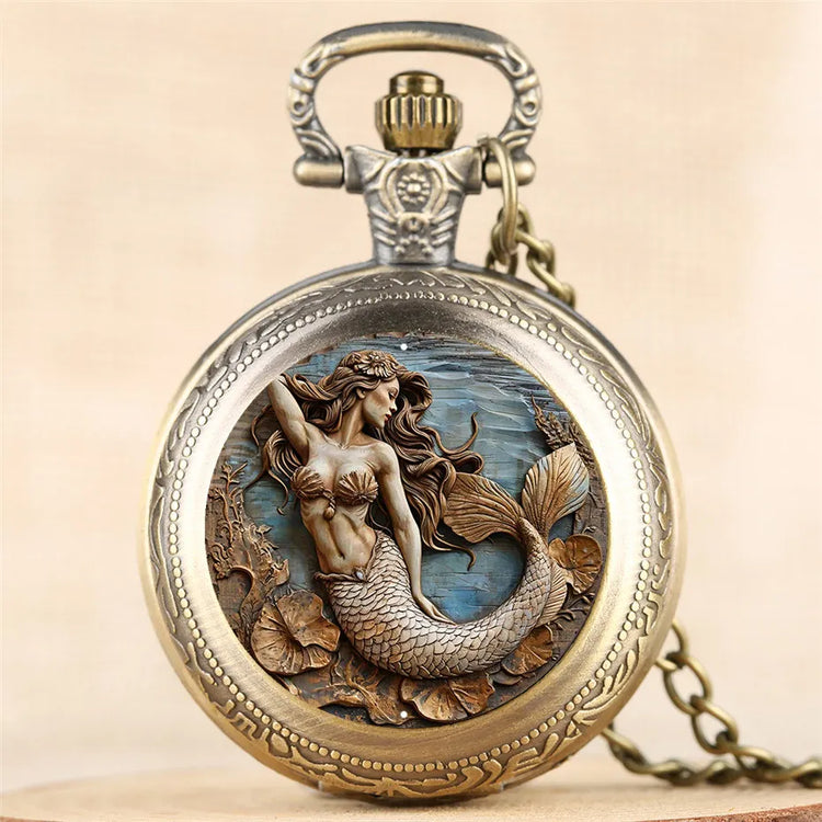 Vintage Cool Pocket Watch Mermaid Elegant Exquisite Clock With Necklace Chain Lovers Masculino Relogio Best Gift Pendant Small