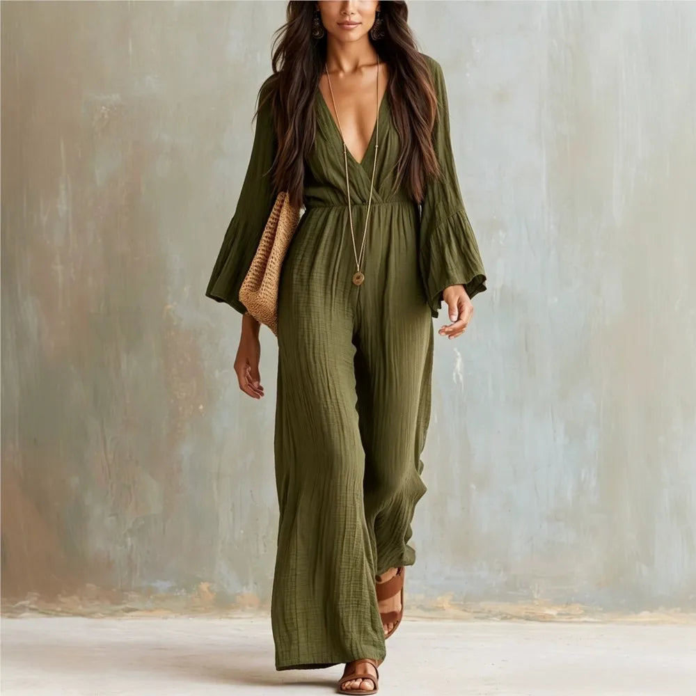 Women Sexy Deep V Neck Flare Sleeve Jumpsuits Spring Autumn Solid Crinkle High Waist Loose Casual Holiday Wide Leg Pants Romper