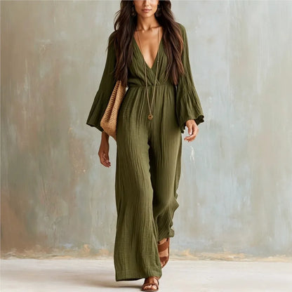 Women Sexy Deep V Neck Flare Sleeve Jumpsuits Spring Autumn Solid Crinkle High Waist Loose Casual Holiday Wide Leg Pants Romper