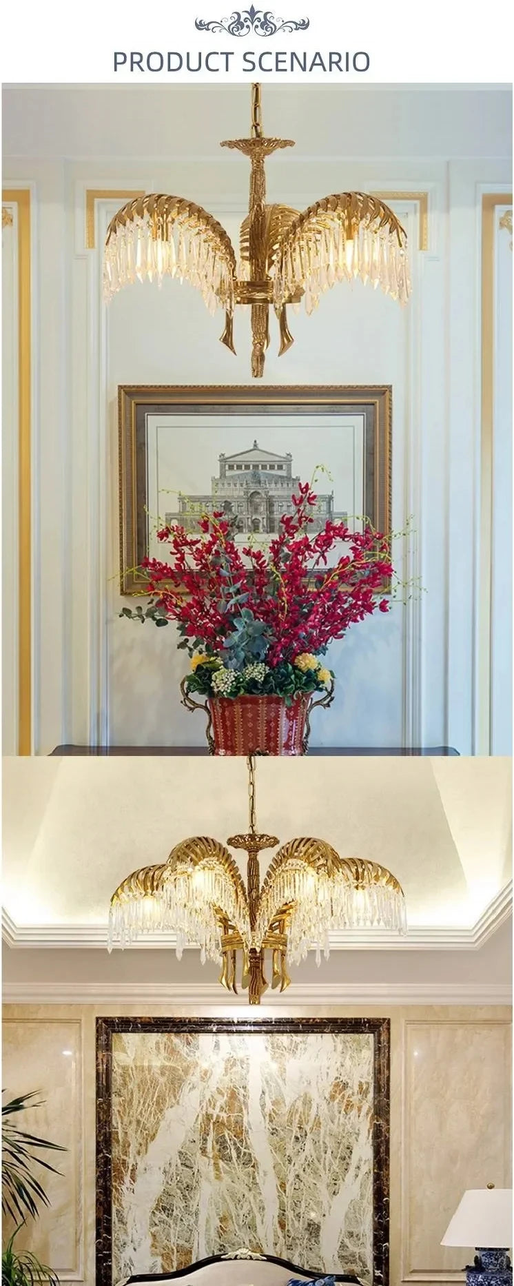 Hand Carving Gold Brass Hanging Pendant Lights Villa Living Room Luxury Crystal Palm Chandelier