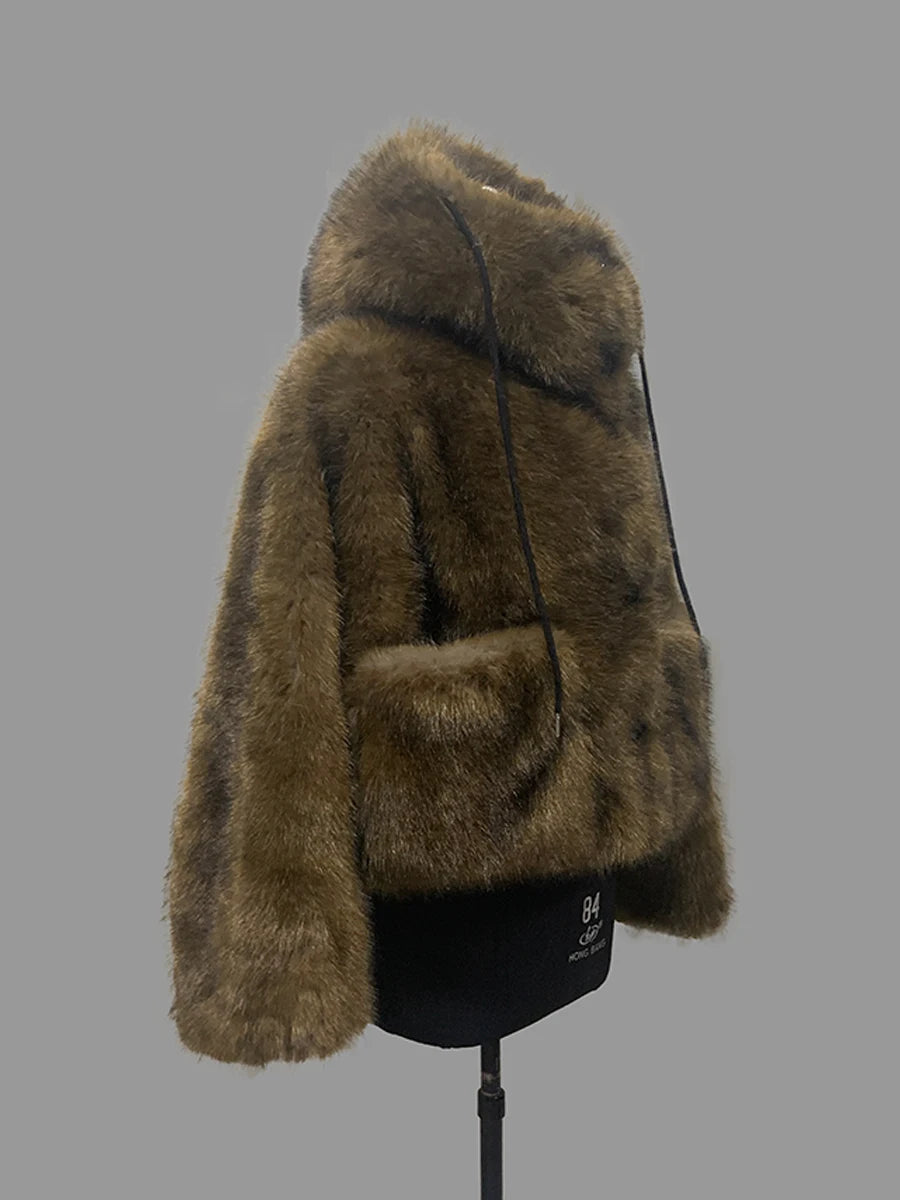 Nerazzurri Winter Short Oversized Thick Warm Shaggy Fuzzy Faux Fox Fur Coat Women Pockets Single Breasted Fluffy Hooded Jacket