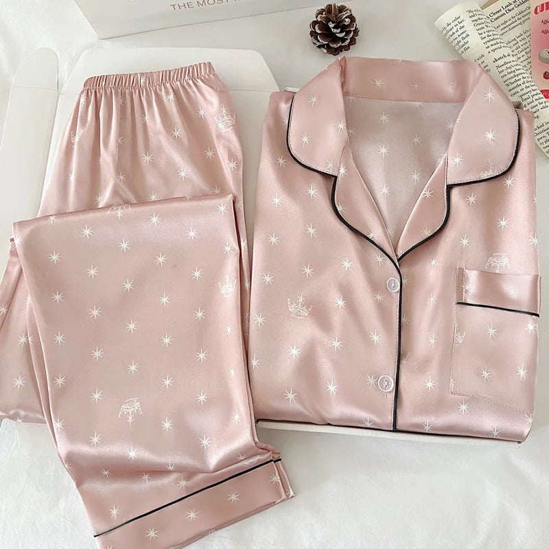 Japanese-Style Cute Girl Star Print Ice Silk Nightwear Women's Spring and Autumn Long-Sleeved Long Pants Homewear Actual Photo