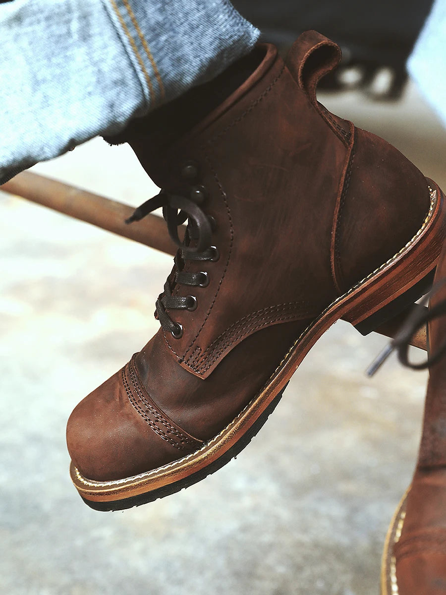 Retro American Amekajie  Boots Large Head High Top Worn Color Work Boots Motorcycle Style Youth Low Heel