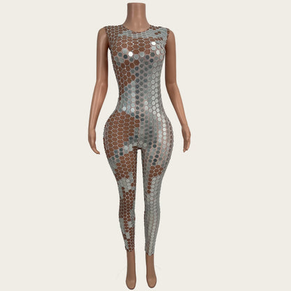 Women Sexy Sparkly Mirrors Sleeveless Bodycon Jumpsuit Celebrate Event Club Rompers Photo Shoot Stage Fashion Outfit Yinpianku