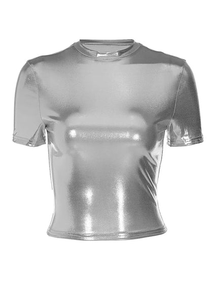 Leather Solid O Neck Short Sleeves Sexy Slim Y2K T-Shirt Top 2024 Summer Women Fashion Tees Streetwear Grunge Clothes