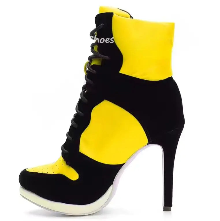 Round Toe Sports Lace Up Women's Short Boots 2026 Thick Sole Mixed Color Stilettos Autumn Winter New Street Style Casual Rock Bo