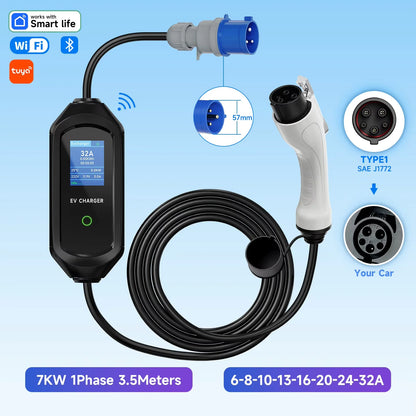 7KW Portable EV Charger Type2/Type1/GBT Electric Car Charger 32A 1Phase Wallbox Fast Charging Cable WiFi APP Bluetooth Control