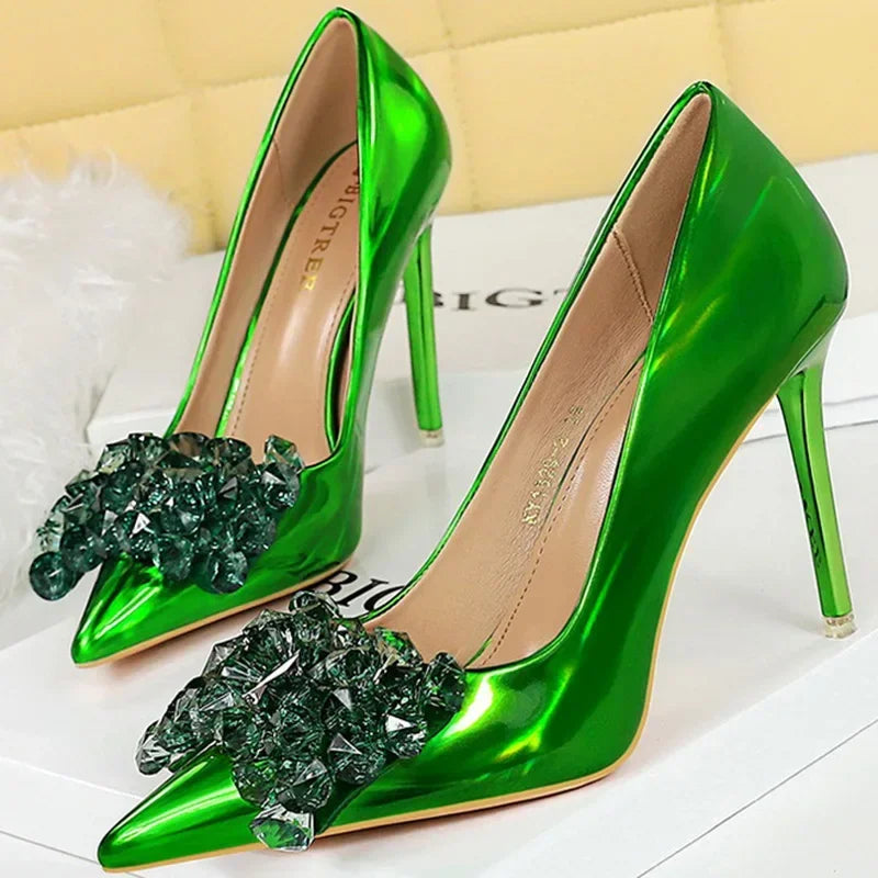 Women 10.5cm High Heels Glossy Leather Drag Queen Banquet Dress Pumps Lady Luxury Crystal Bow Stiletto Blue Green Red Prom Shoes