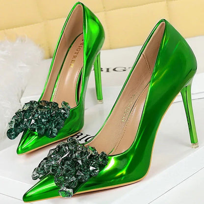 Women 10.5cm High Heels Glossy Leather Drag Queen Banquet Dress Pumps Lady Luxury Crystal Bow Stiletto Blue Green Red Prom Shoes