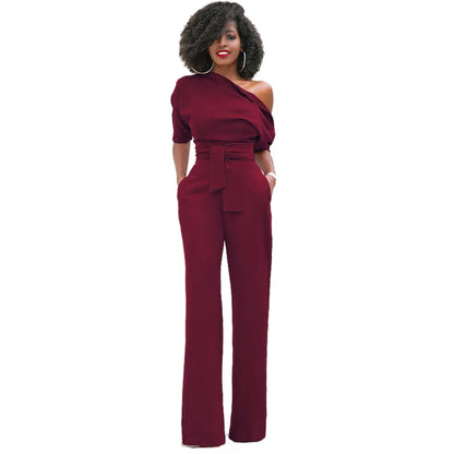 2024 Summer New Fashion Women's Jumpsuit Solid Color Slanted Shoulder Elegant Temperament Sleeveless Long Wide Leg Jumpsuit