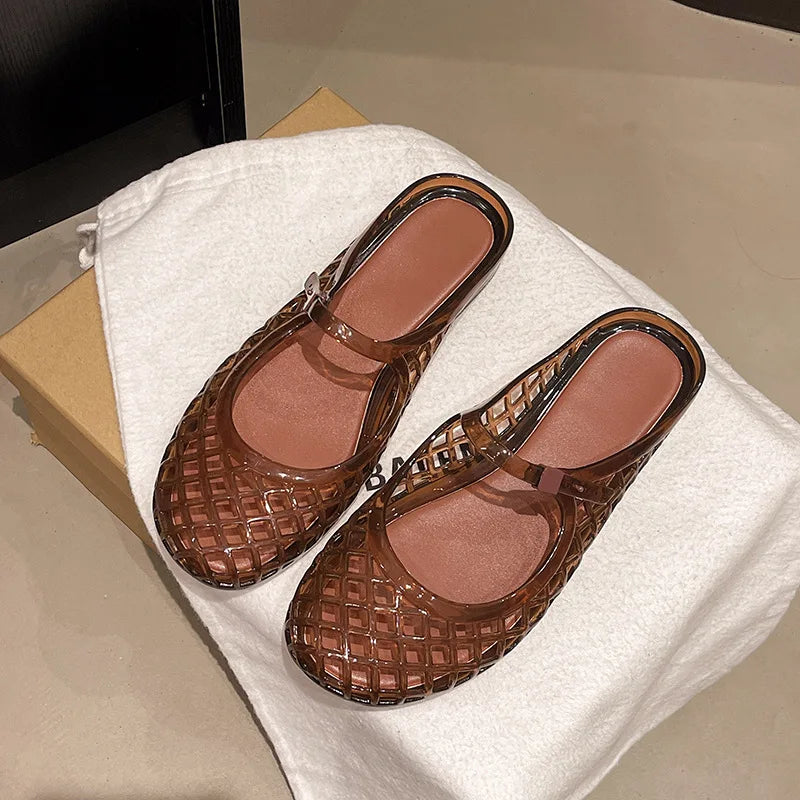 Women's Light Luxury Crystal Jelly Mary Jane Flat Sandals Hollow-out Breathable Closed Toe Summer Casual Non-slip Slip-on Shoes