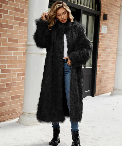2026 Winter Stand Collar Faux Fur Long Coat Women Elegant Long Sleeve Fluffy Plush Jacket Lady Casual Thick Warm Furry Outwear