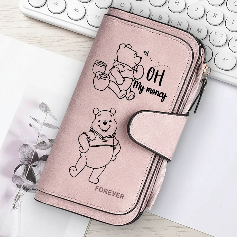 Winnie the Pooh Long Zip Wallet Multi-Card Cute Cartoon Pattern Soft Texture Wallet for Women Large Capacity Lady Clutch Bag