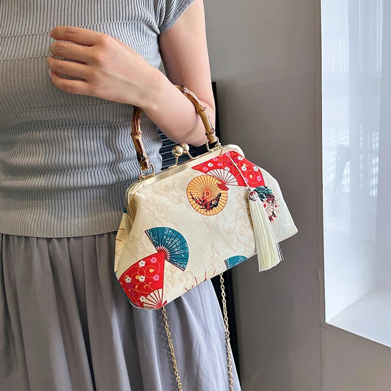 Designer Bamboo Handle Handbag Retro Embroidery Women Evening Bag High-end Nylon Crossbody Bag Luxury Lady Shoulder Bags Satchel