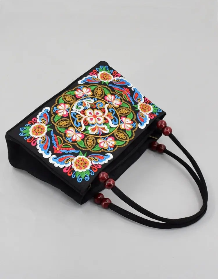 Stylish Floral Embroidered Handbag, Trendy Zipper Canvas Bag, Women's Fashion Purses