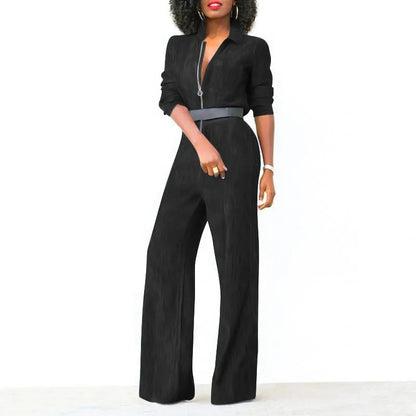2024 Spring New Women's Jumpsuit Street Style Retro Washed Denim Fabric Lapel Half Open Long Sleeved Women's Jumpsuit