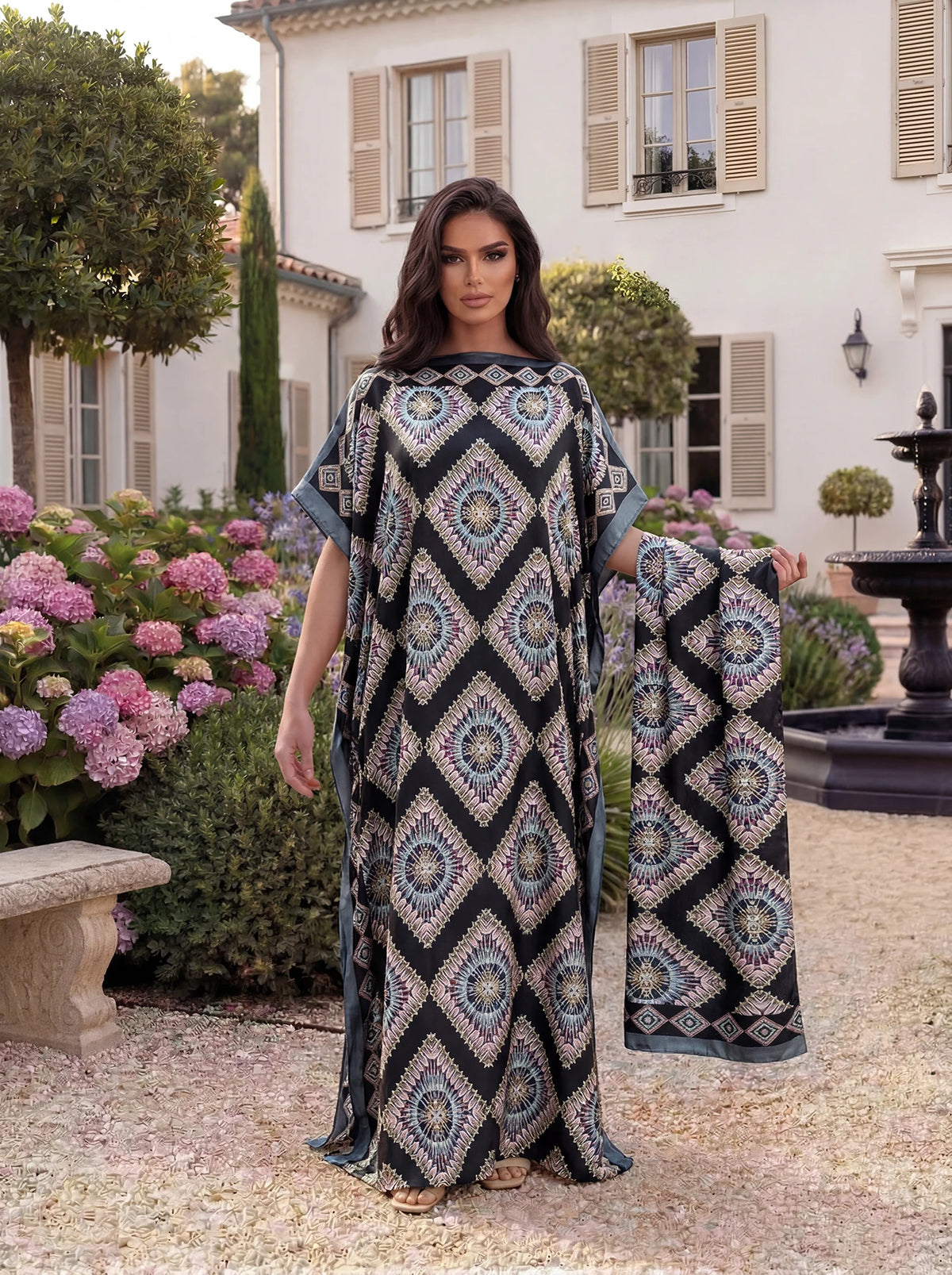Vintage Almond Blossom Print Satin Abaya Scarf Set, Loose Batwing Long Kaftan Modest Muslim Women Summer Holiday Maxi Dress