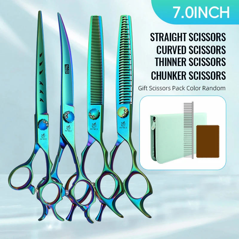 Fenice JP440C 7/7.5 Inch Professional Pet Dogs Grooming Scissors Kits Straight Curved Thinnier Chunker Shears Set For Dogs