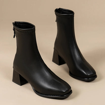 High-quality square-toe platform short boots for ladies, 2025 new fashion trend Wide heel, back zipper, large size women's boots