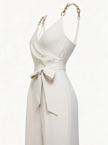 Spring/Summer New Women's Strap Jumpsuit French Style Elegant Academy Style Ins Classic Versatile V-Neck Decorative Buttons Bow Tie Straps Ruched Adjustable Shoulder Straps Camisole Top Wide-Leg Pants Women's Jumpsuit