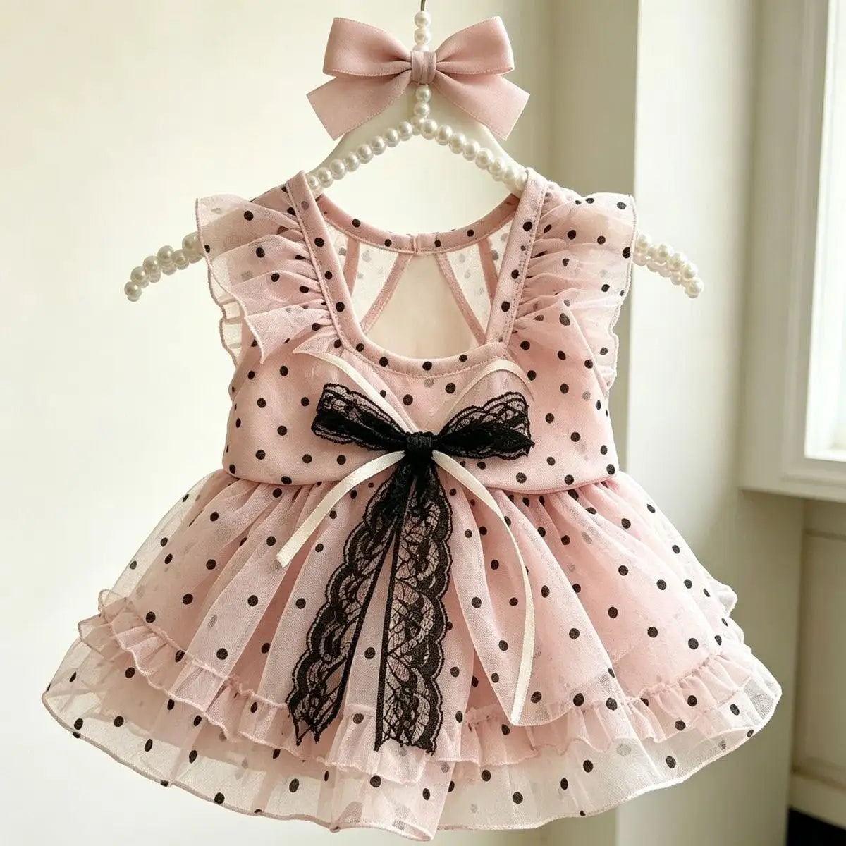 Pink Polka Dot Pet Princess Dress Breathable Sun Protection Sleeveless Tulle Dress with Lace Bow for Small Dogs Cats Pet Clothes