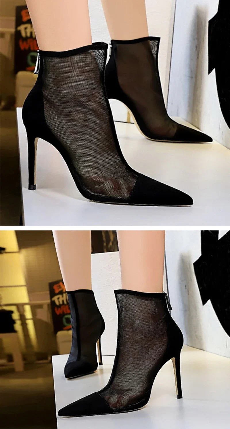 Eilyken 2026 New Spring Autumn Sexy Mesh High Heels Runway Ankle Boots For Women Pointed Toe Ladies Party Zipper Shoes