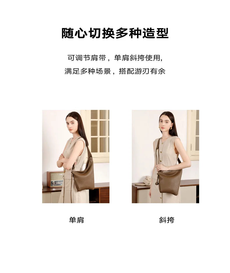 Women's Genuine Grade Cow Leather Handbags Luxury Designer Ladeis Shoulder Crossbody Bucket Bags for Woman Cowhide Underarm Bag