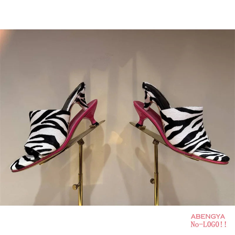 2025 Summer Leather High Heel Slippers Women Sandals Kitten Double Heels Mules Slides Designer Party Dress Shoes For Women
