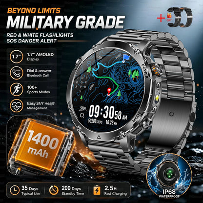 New 1400mAh Big Battery Smart Watch Men Outdoor GPS Flashlight IP68 Waterproof Bluetooth Call AMOLED Military Sports Smartwatch