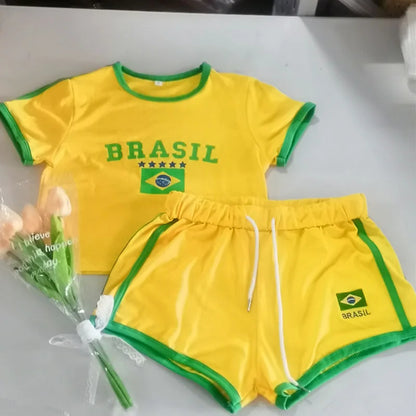 2023 Summer Women Clothing Short Sleeve T-Shirt+Drawstring Shorts 2Pcs Suit Brazil Letter Print Casual Tracksuit Fashion Outfits