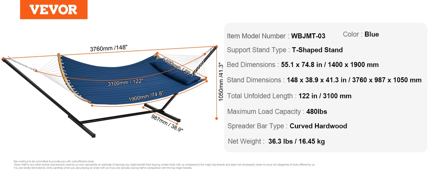 SucceBuy Two Person Hammock with Stand Included Double Hammock with Curved Spreader Bar and Detachable Pillow and Portable Bag