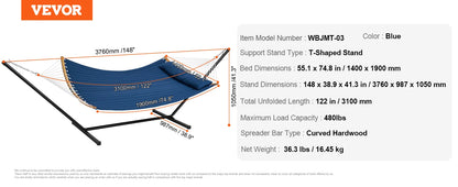 SucceBuy Two Person Hammock with Stand Included Double Hammock with Curved Spreader Bar and Detachable Pillow and Portable Bag