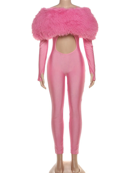 Weird Puss Furry Slash Neck Jumpsuits Woman Luxury Hipster Patchwork Trend Sexy Hollow Stretch Fitness Club Activity Overalls