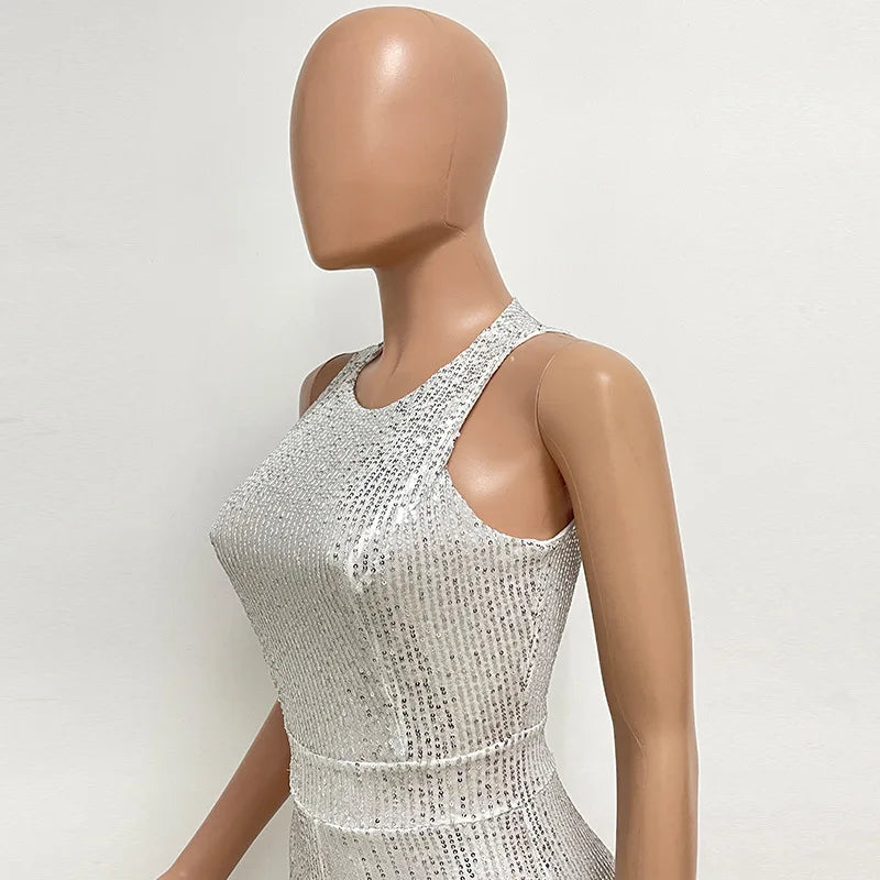 Bling Bling Sequined Club Jumpsuit Sexy Women O-neck Elegant Shiny Sliver Gold Sequins Straight Romper Overalls