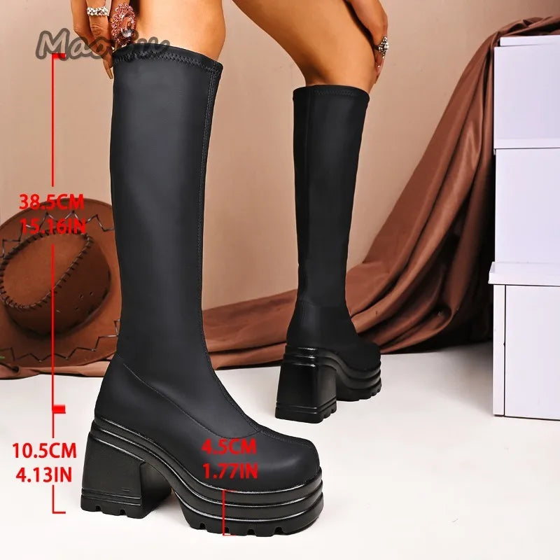Short/Long Suede Leather Black Boots for Women Chunky High Heel Knee-High Boots Wedges Women's Fashion Shoes Size 35 Botas Mujer